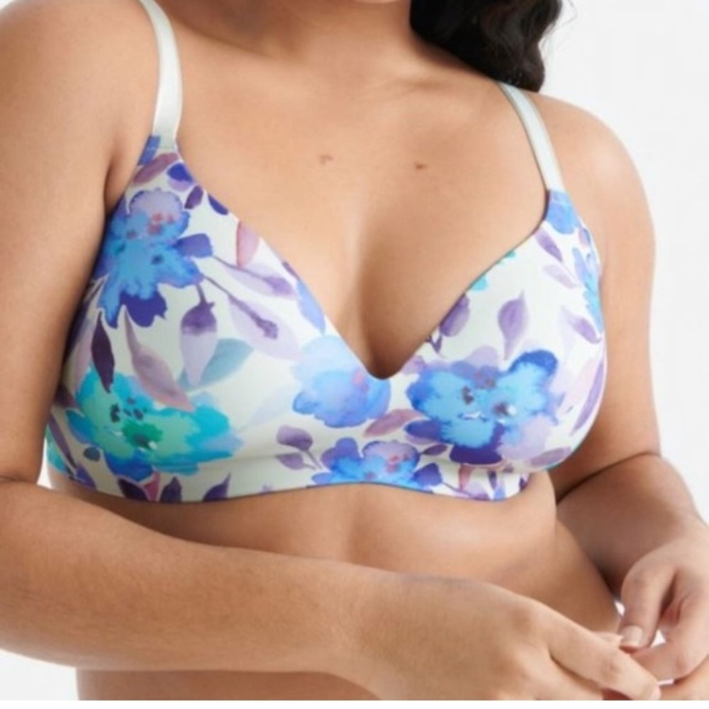 Knix Padded V-neck Bra Floral Blue 7+ 36F 38E 38F